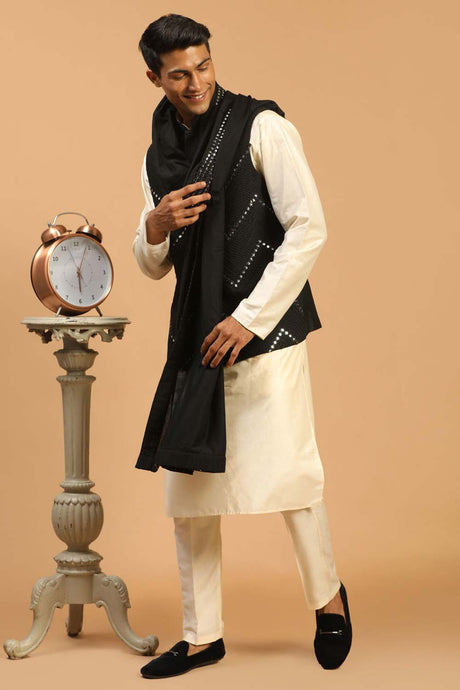 Buy Men's Black And Cream Viscose Mirror Work Embroidered Kurta Pajama Jacket Set With Dupatta Online