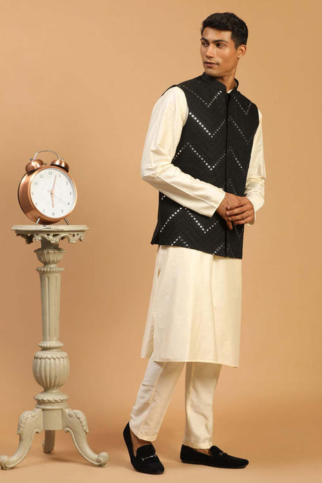 Buy Men's Black And Cream Viscose Mirror Work Embroidered Kurta Pajama Jacket Set With Dupatta Online - Back