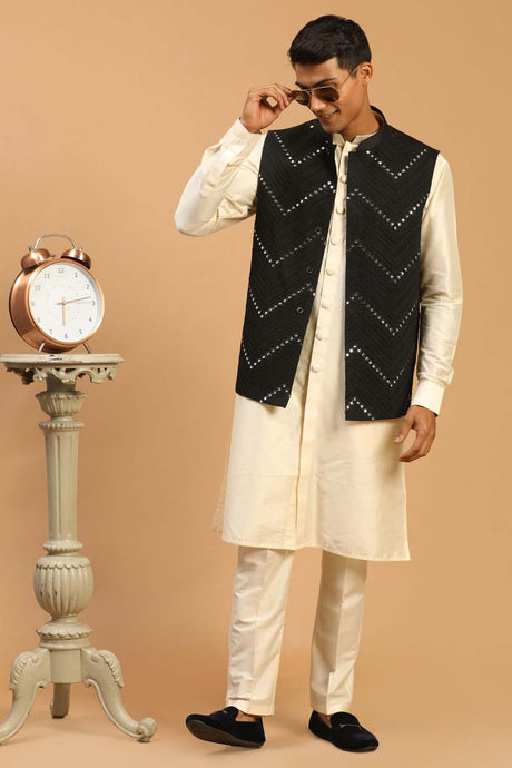 Buy Men's Black And Cream Viscose Mirror Work Embroidered Kurta Pajama Jacket Set Online
