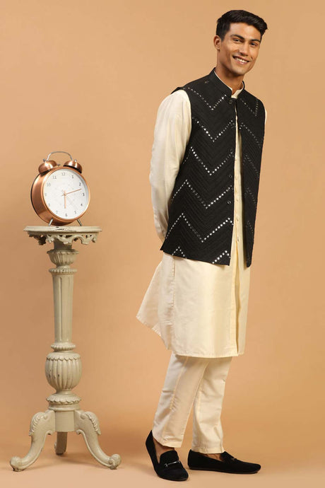 Buy Men's Black And Cream Viscose Mirror Work Embroidered Kurta Pajama Jacket Set Online - Back