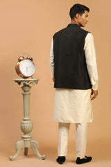 Buy Men's Black And Cream Viscose Mirror Work Embroidered Kurta Pajama Jacket Set Online - Front