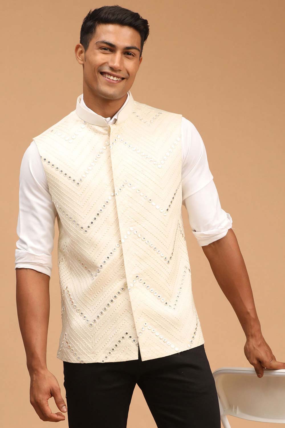 Buy Men's Cream Mirror Work Nehru Jacket Online