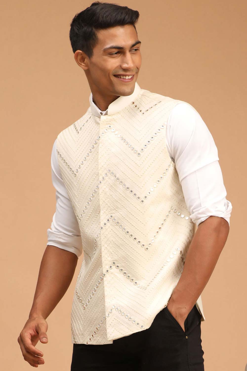 Buy Men's Cream Mirror Work Nehru Jacket Online - Back