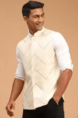 Buy Men's Cream Mirror Work Nehru Jacket Online - Back