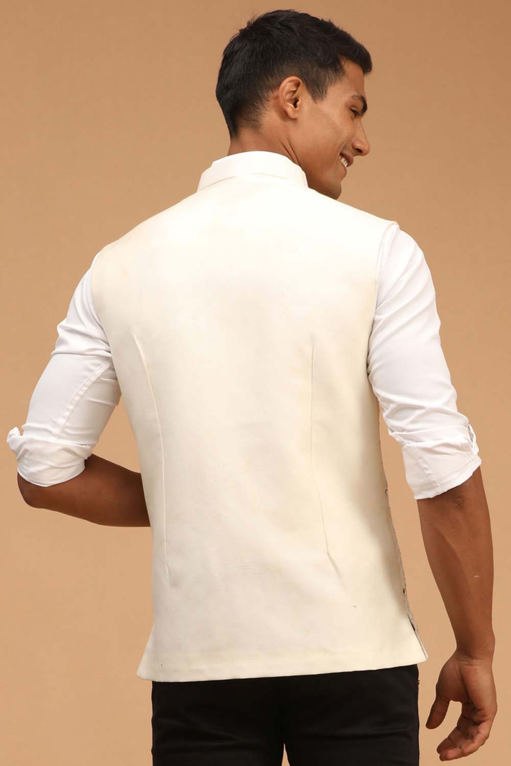 Buy Men's Cream Mirror Work Nehru Jacket Online - Front