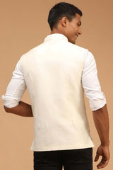 Buy Men's Cream Mirror Work Nehru Jacket Online - Front