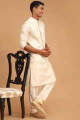 Buy Men's Cream Viscose Mirror Work Embroidered Kurta Pajama Jacket Set Online - Back