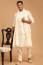 Buy Men's Cream Viscose Mirror Work Embroidered Kurta Pajama Jacket Set With Dupatta Online