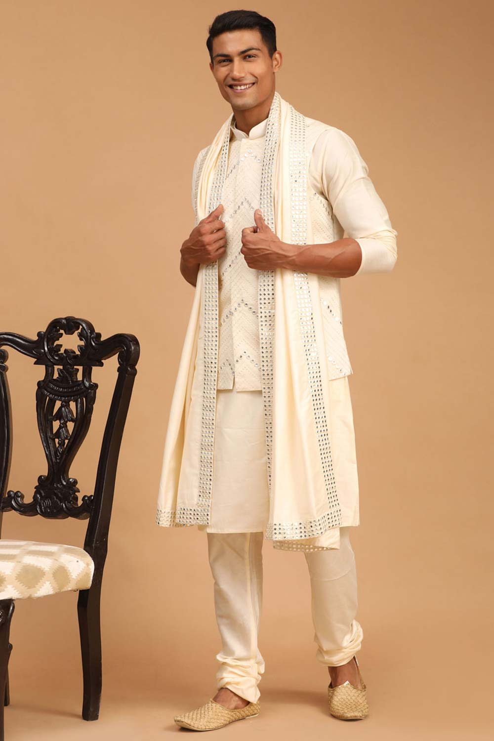 Buy Men's Cream Viscose Mirror Work Embroidered Kurta Pajama Jacket Set With Dupatta Online - Back