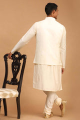 Buy Men's Cream Viscose Mirror Work Embroidered Kurta Pajama Jacket Set With Dupatta Online - Front