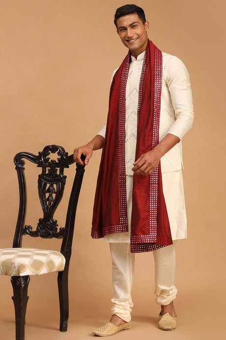 Men's Cream Viscose Jacket, Kurta and Pyjama Set