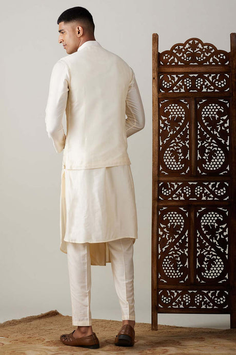 Men's Cream Viscose Jacket, Kurta and Pyjama Set