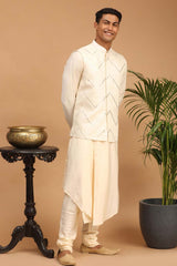 Buy Men's Cream Viscose Mirror Work Embroidered Kurta Pajama Jacket Set Online