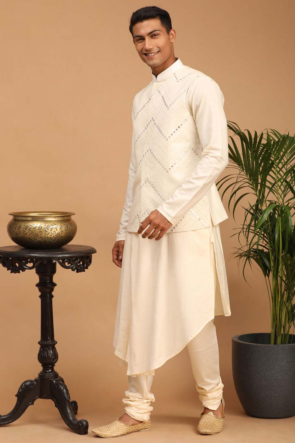 Buy Men's Cream Viscose Mirror Work Embroidered Kurta Pajama Jacket Set Online - Back