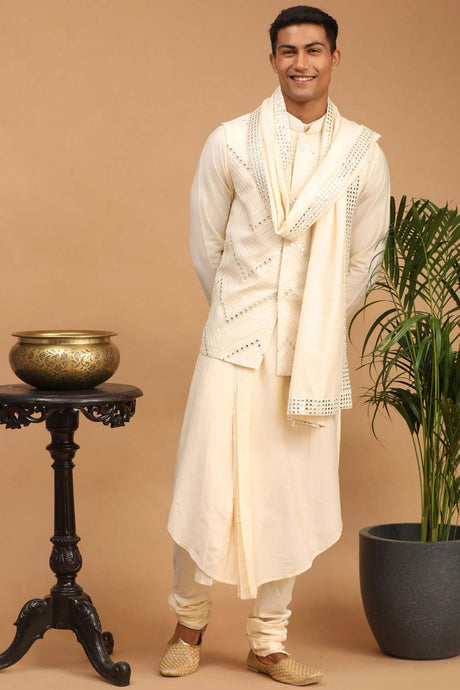 Buy Men's Cream Viscose Mirror Work Embroidered Kurta Pajama Jacket Set With Dupatta Online