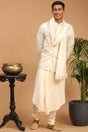 Buy Men's Cream Viscose Mirror Work Embroidered Kurta Pajama Jacket Set With Dupatta Online