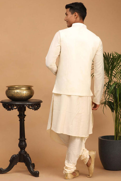 Buy Men's Cream Viscose Mirror Work Embroidered Kurta Pajama Jacket Set With Dupatta Online - Back