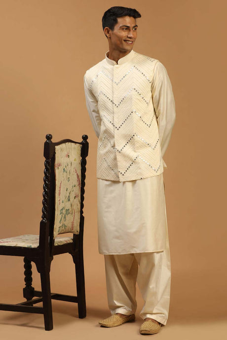 Buy Men's Cream Viscose Mirror Work Embroidered Kurta Pajama Jacket Set Online