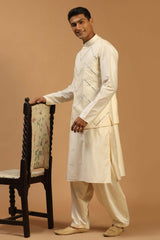 Buy Men's Cream Viscose Mirror Work Embroidered Kurta Pajama Jacket Set Online - Back