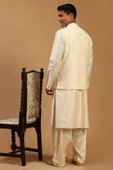 Buy Men's Cream Viscose Mirror Work Embroidered Kurta Pajama Jacket Set Online - Front