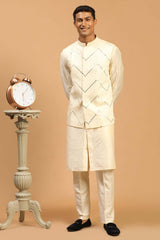 Buy Men's Cream Viscose Mirror Work Embroidered Kurta Pajama Jacket Set Online