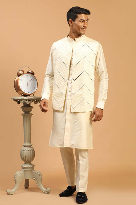 Buy Men's Cream Viscose Mirror Work Embroidered Kurta Pajama Jacket Set Online - Back