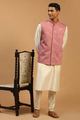 Buy Men's Onion And Cream Viscose Mirror Work Embroidered Kurta Pajama Jacket Set Online