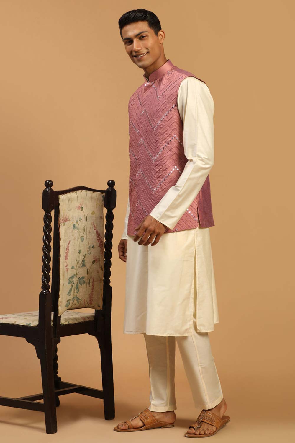 Buy Men's Onion And Cream Viscose Mirror Work Embroidered Kurta Pajama Jacket Set Online - Back