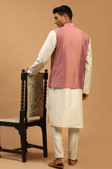 Buy Men's Onion And Cream Viscose Mirror Work Embroidered Kurta Pajama Jacket Set Online - Front