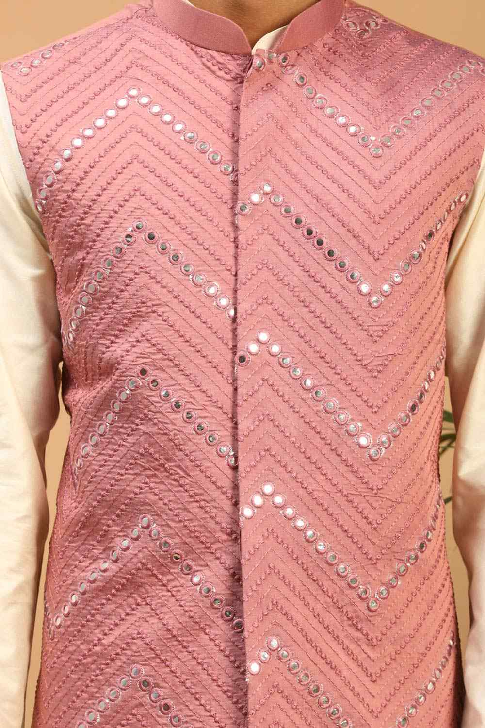 Buy Men's Onion Viscose Mirror Work Embroidered Kurta Pajama Jacket Set Online - Side