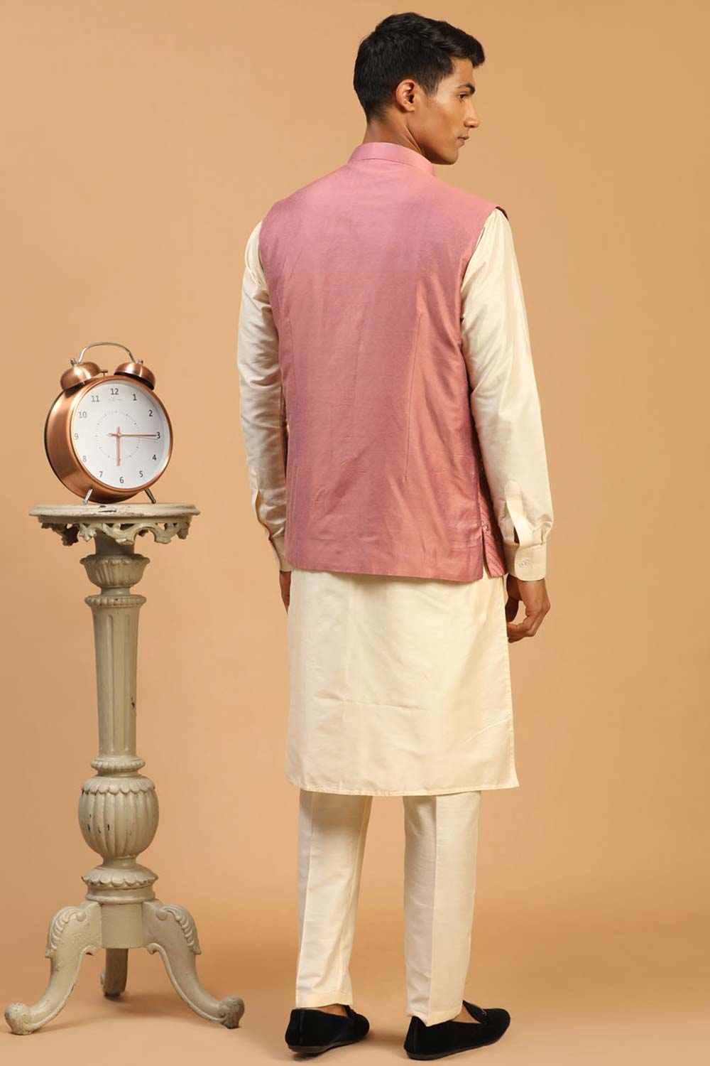 Buy Men's Onion And Cream Viscose Mirror Work Embroidered Kurta Pajama Jacket Set Online - Front