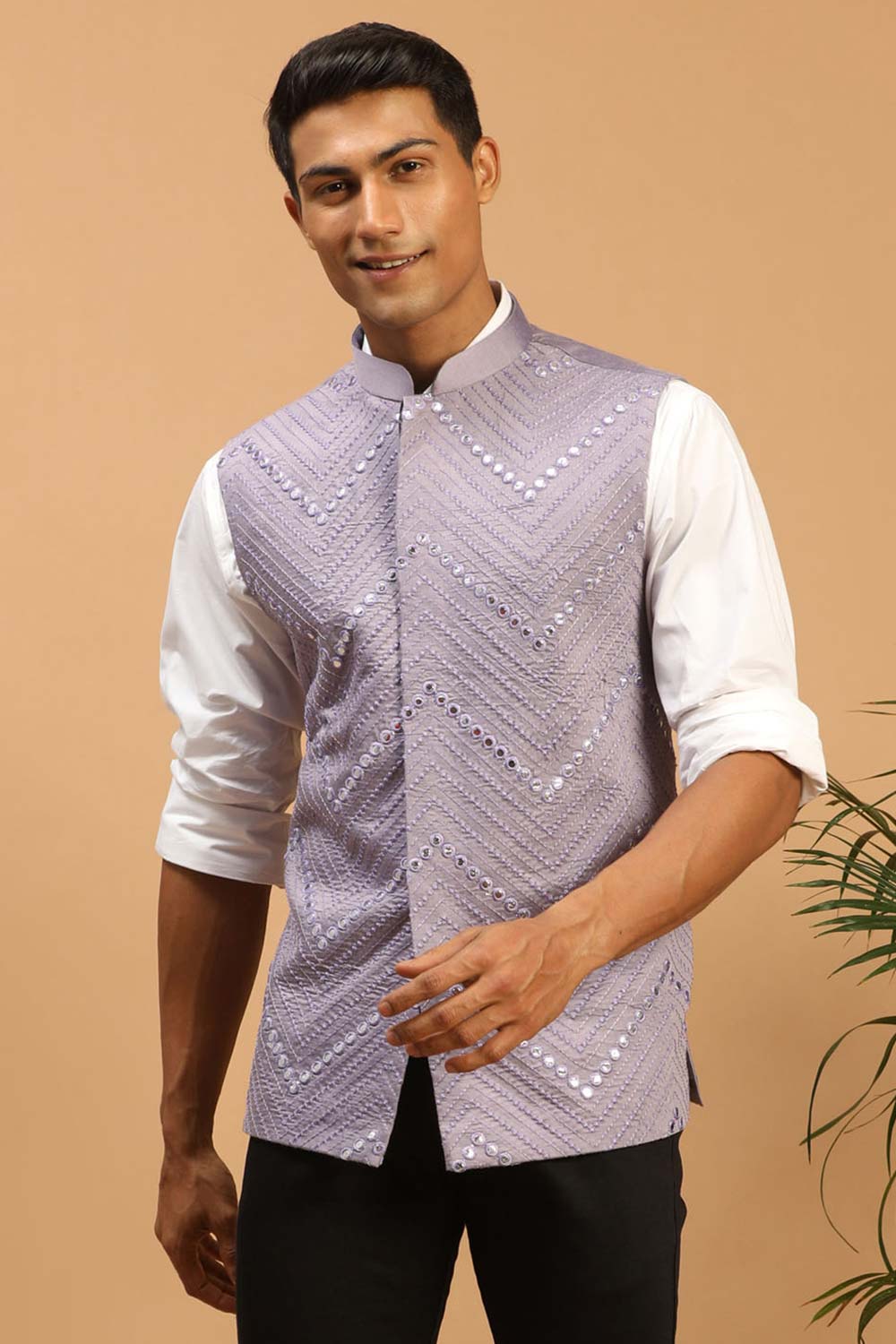 Men s Purple Mirror Work Nehru Jacket 36