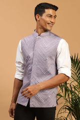 Buy Men's Purple Mirror Work Nehru Jacket Online - Back