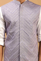 Buy Men's Purple Mirror Work Nehru Jacket Online - Side