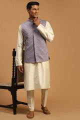 Buy Men's Purple And Cream Viscose Mirror Work Embroidered Kurta Pajama Jacket Set Online