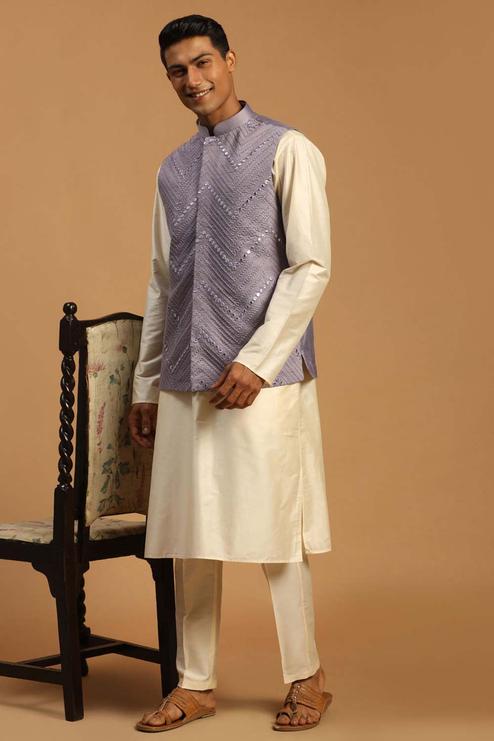 Buy Men's Purple And Cream Viscose Mirror Work Embroidered Kurta Pajama Jacket Set Online - Back