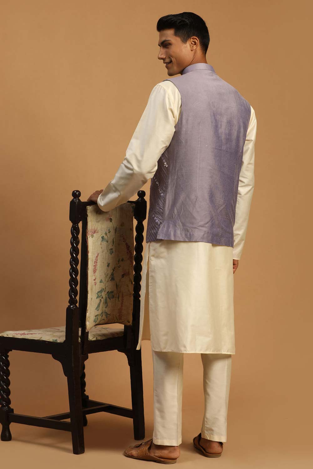 Buy Men's Purple And Cream Viscose Mirror Work Embroidered Kurta Pajama Jacket Set Online - Front