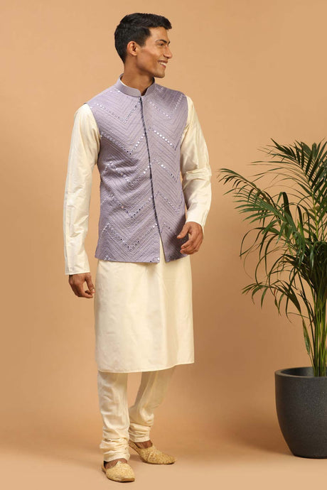 Buy Men's Purple Viscose Mirror Work Embroidered Kurta Pajama Jacket Set Online