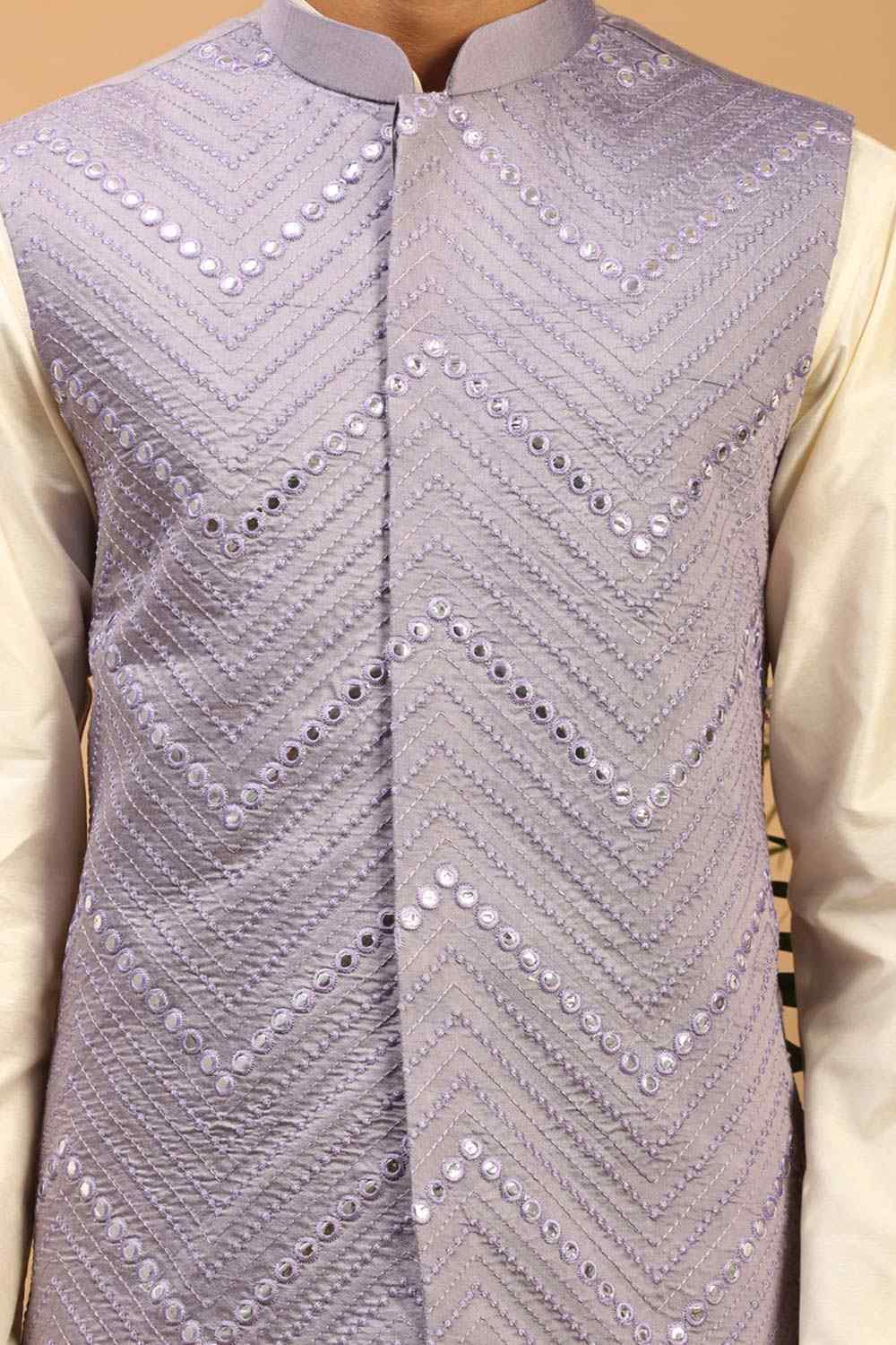 Buy Men's Purple Viscose Mirror Work Embroidered Kurta Pajama Jacket Set Online - Side