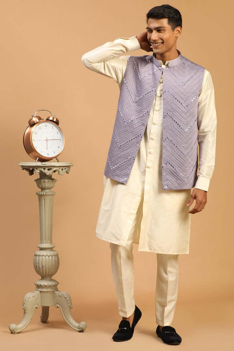 Buy Men's Purple And Cream Viscose Mirror Work Embroidered Kurta Pajama Jacket Set Online