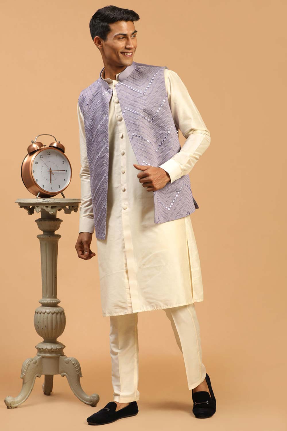 Buy Men's Purple And Cream Viscose Mirror Work Embroidered Kurta Pajama Jacket Set Online - Back