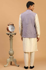 Buy Men's Purple And Cream Viscose Mirror Work Embroidered Kurta Pajama Jacket Set Online - Front