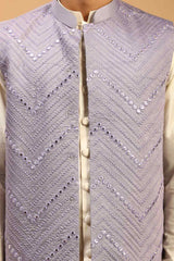 Buy Men's Purple And Cream Viscose Mirror Work Embroidered Kurta Pajama Jacket Set Online - Side