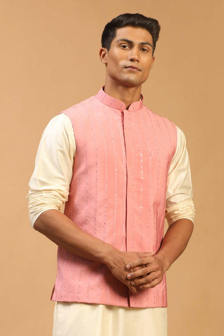 Buy Men's Pink Cotton Blend Sequin And Thread Emboridery Nehru Jacket Online