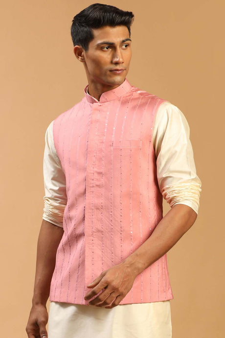 Buy Men's Pink Cotton Blend Sequin And Thread Emboridery Nehru Jacket Online - Back