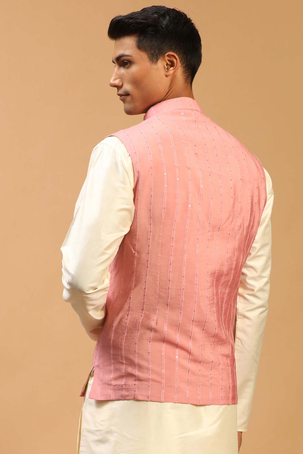 Buy Men's Pink Cotton Blend Sequin And Thread Emboridery Nehru Jacket Online - Front