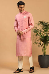 Buy Men's Pink And Cream Cotton Blend Sequin Emboridery Kurta Pajama Jacket Set Online