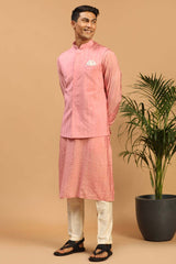 Buy Men's Pink And Cream Cotton Blend Sequin Emboridery Kurta Pajama Jacket Set Online - Back