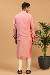 Buy Men's Pink And Cream Cotton Blend Sequin Emboridery Kurta Pajama Jacket Set Online - Front