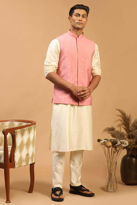 Buy Men's Cream and Pink Viscose Sequin Emboridery Kurta Pajama Jacket Set Online